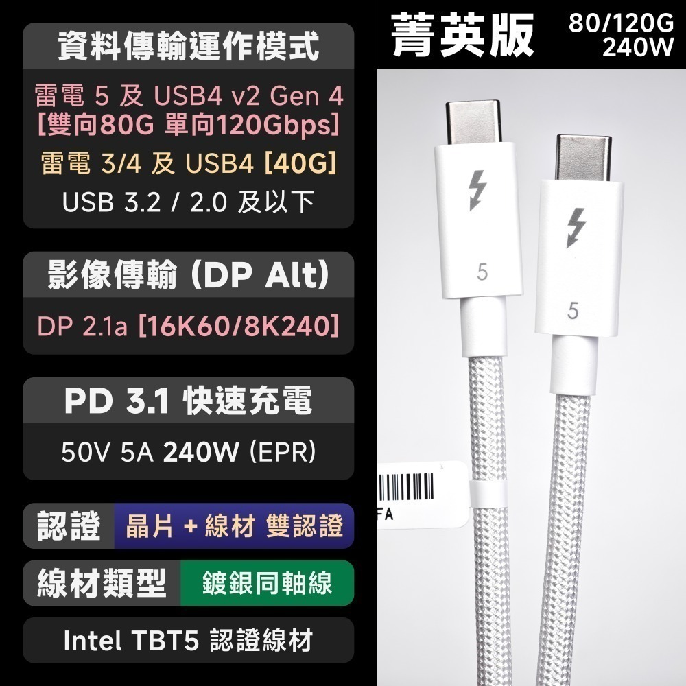 光連科技🪷 Intel 認證 Thunderbolt 5 傳輸線 120Gbps 240W 雷電5 PD3.2 80G-規格圖5