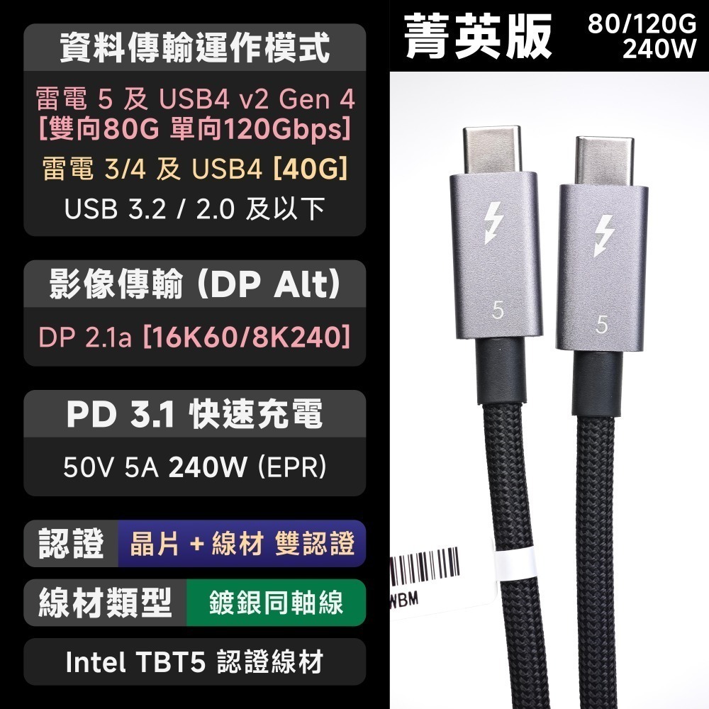 光連科技🪷 Thunderbolt 5｜120Gbps 240W 傳輸線｜ Intel 認證 雷電5 PD3.2 80-規格圖5