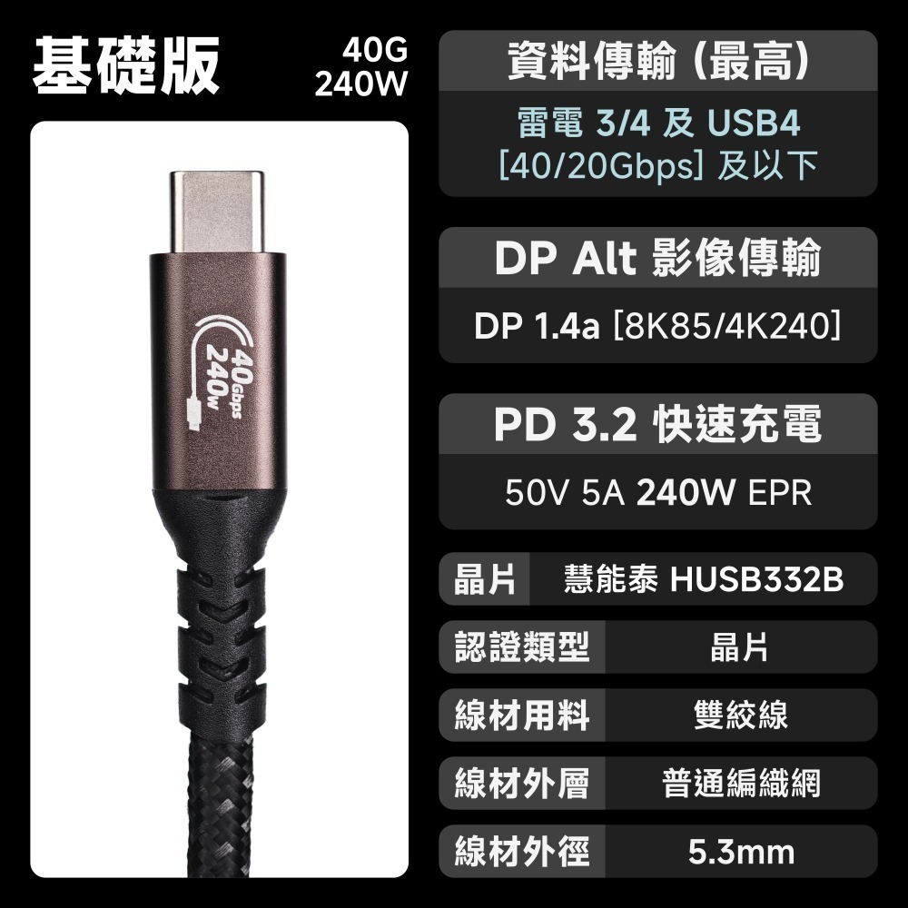 光連科技🪷 雷電5＋USB4｜120Gbps 240W 傳輸線｜USB Type C PD 3.1 40Gbps 80-規格圖5