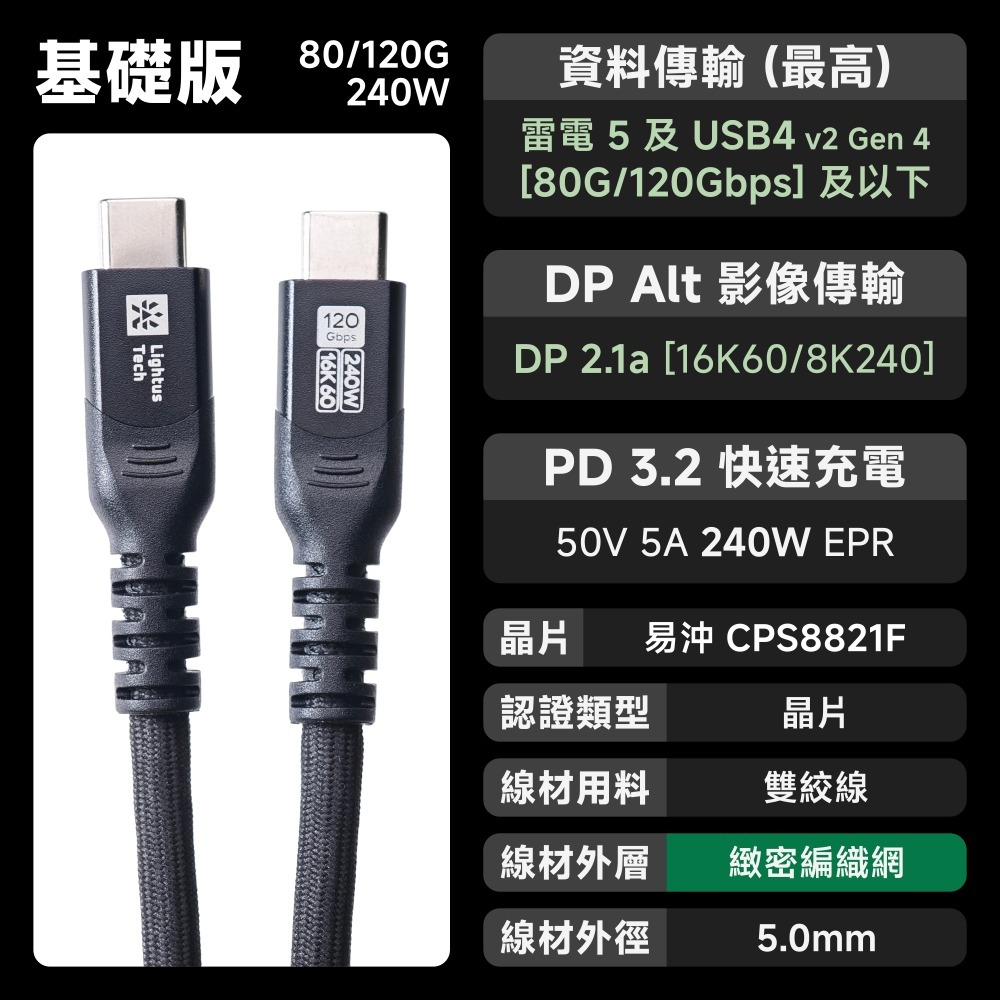 光連科技🪷 雷電5＋USB4｜120Gbps 240W 傳輸線｜USB Type C PD 3.1 40Gbps 80-規格圖5