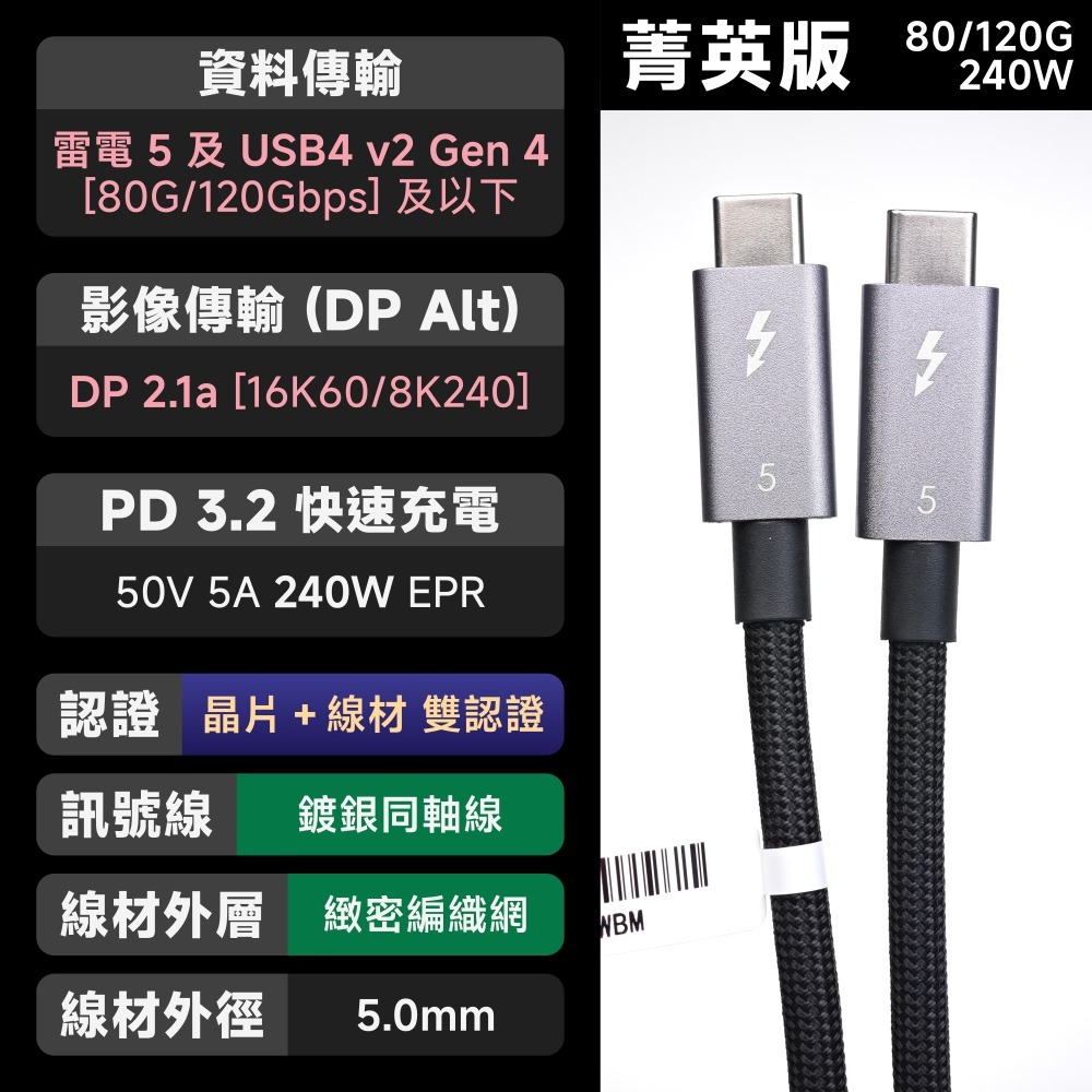 光連科技🪷 雷電 5＋USB4 Gen 4｜120Gbps 240W 傳輸線｜PD 3.1 3.2 v2 80G 數據-規格圖5