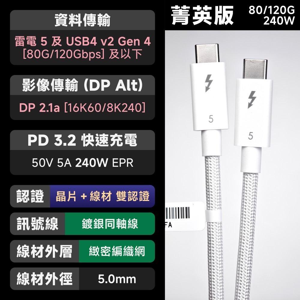 光連科技🪷 雷電 5＋USB4 Gen 4｜120Gbps 240W 傳輸線｜PD 3.1 3.2 v2 80G 數據-規格圖5