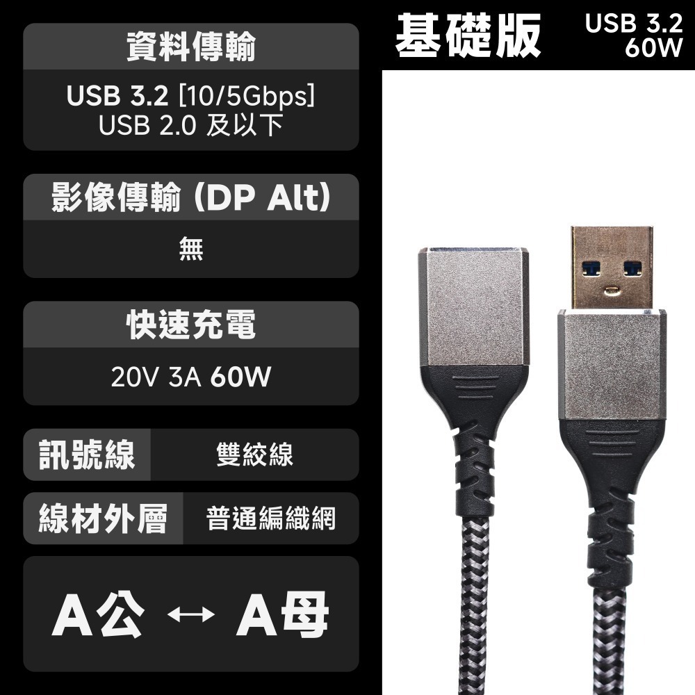 光連科技🪷  USB 3.2｜10Gbps 60W 延長線｜USB 3.1 Gen 2 Type-A 快充 編織 公母-規格圖7