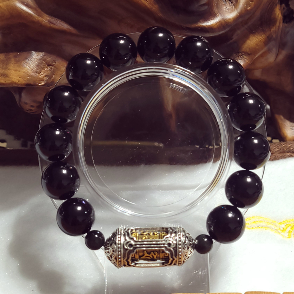 【已過爐現貨】黑瑪瑙六字真言轉經輪手串 真男人護身佛珠 驅逐負能量 夏日百搭 佛珠手串-細節圖3
