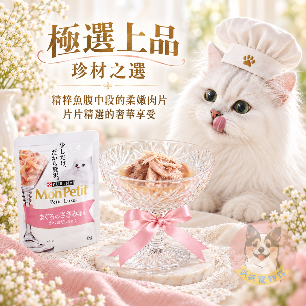 【派派寵物館】貓倍麗MonPetit 🌟 貓餐包 貓咪餐包 貓食 貓湯包 幼貓 濕糧比目魚鮪魚銀魚鰹魚鮮蝦35g40g-細節圖2
