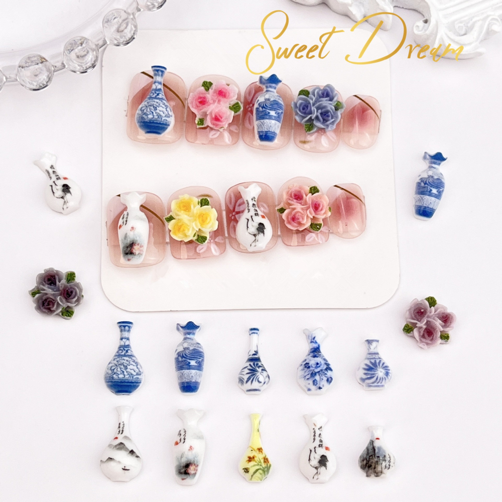 【美甲飾品】30顆入仿真中式青花瓷。水墨花瓶。仿真古扇。美甲花瓶飾品。美甲扇子飾品。樹脂美甲飾品。-細節圖2