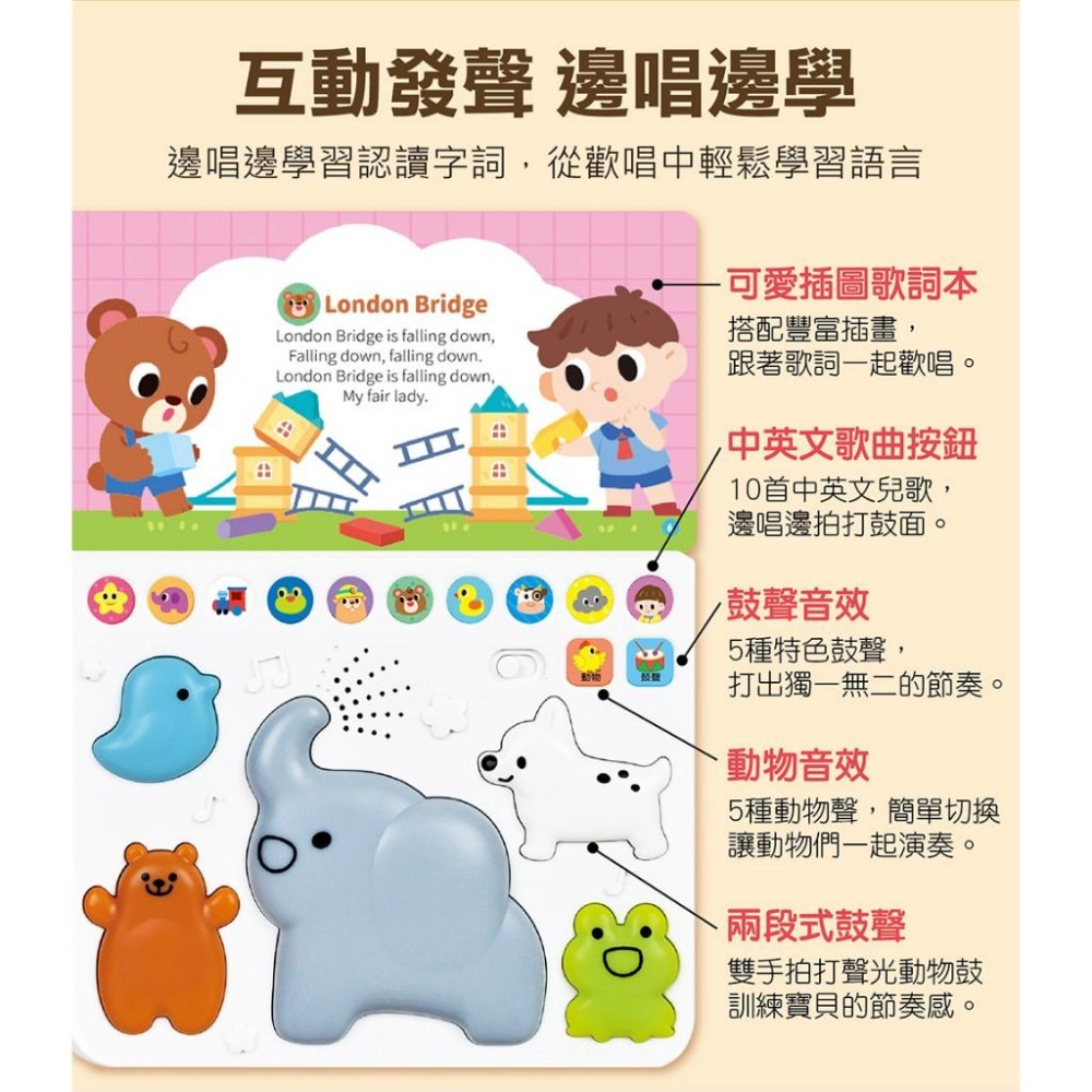 【風車圖書】FOOD超人-動物樂隊/交通交響樂拍拍鼓 兒童有聲書 兒童繪本 聲光鼓 中文兒歌 英文兒歌 手眼協調-細節圖6