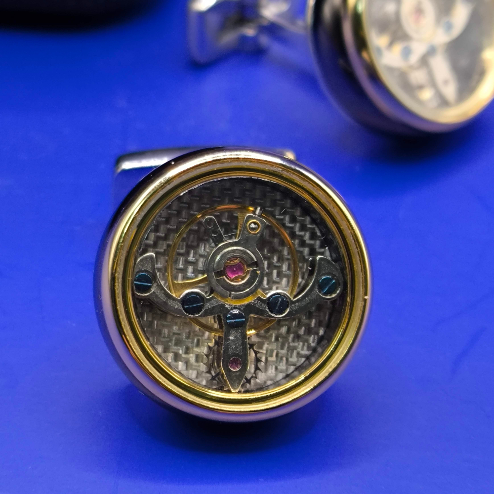 陀飛輪機芯袖扣 / 正品 擺輪會隨手臂擺動 Cufflinks 銀金撞色搭配-細節圖4