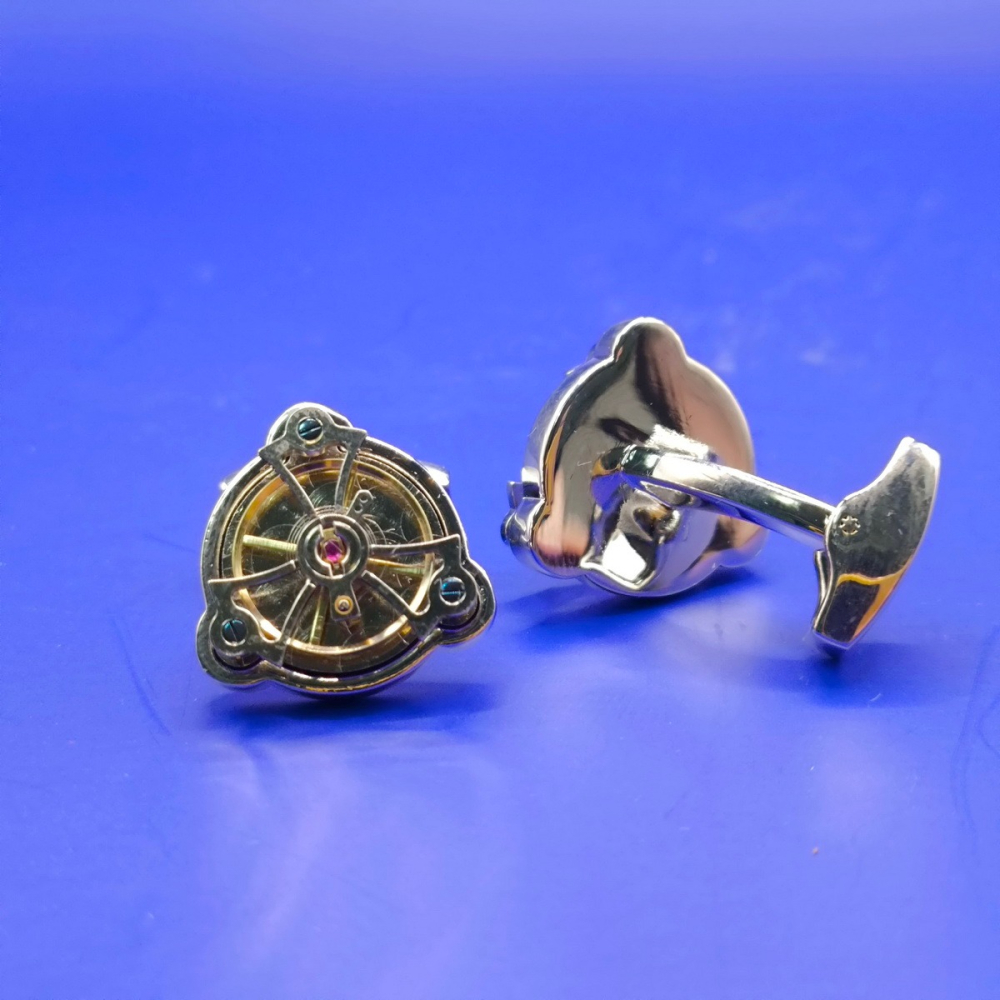 陀飛輪機芯袖扣 / 正品 擺輪會隨手臂擺動 Cufflinks 三角造型 銀金撞色搭配-細節圖2
