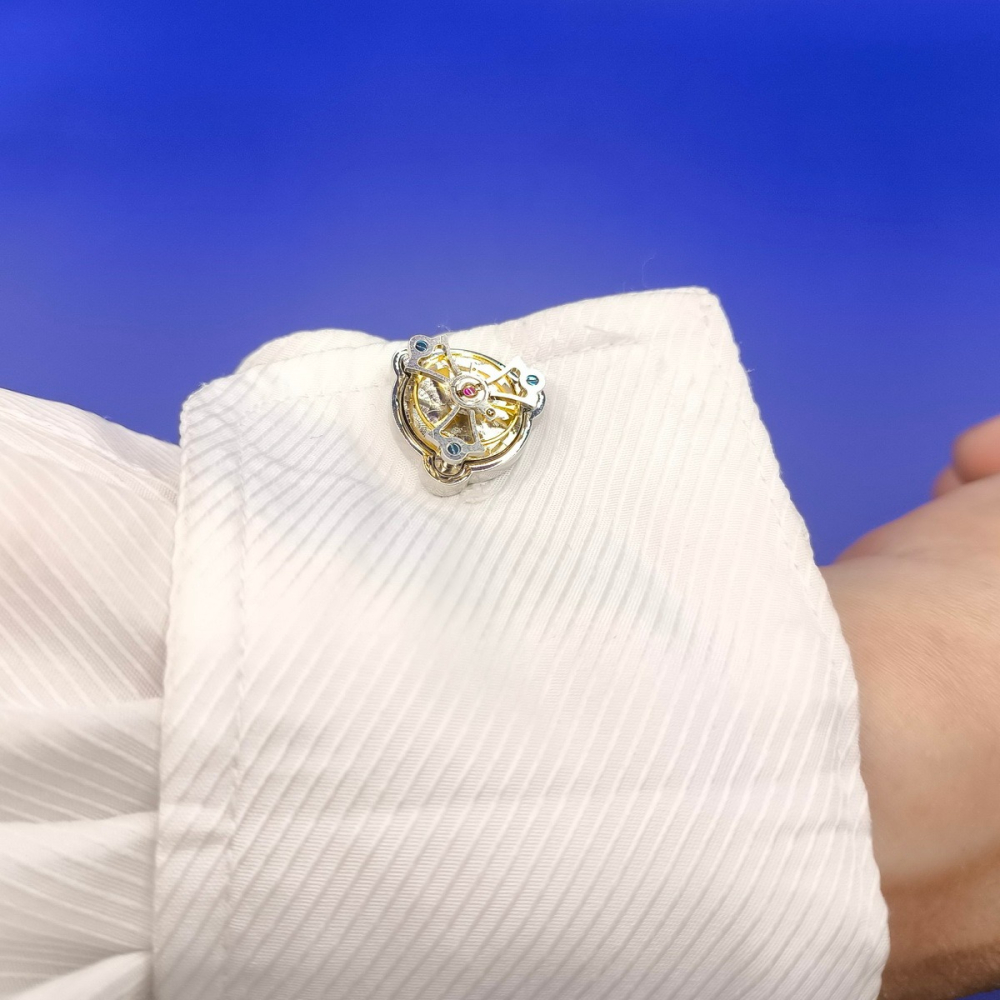 陀飛輪機芯袖扣 / 正品 擺輪會隨手臂擺動 Cufflinks 三角造型 銀金撞色搭配-細節圖3