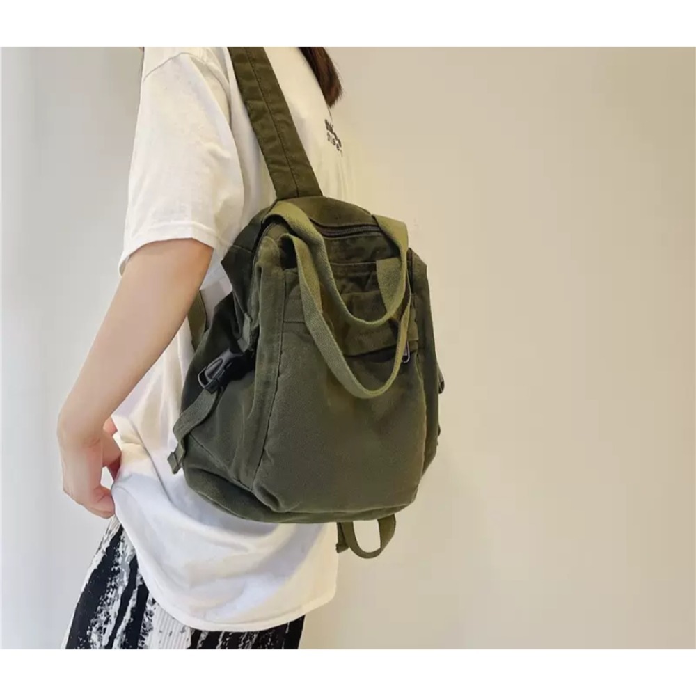 （現貨綠色×1+預購）外貿純色複古帆佈雙肩包女日系簡約大容量初高中生書包大學生背_冠宇百貨屋-細節圖2