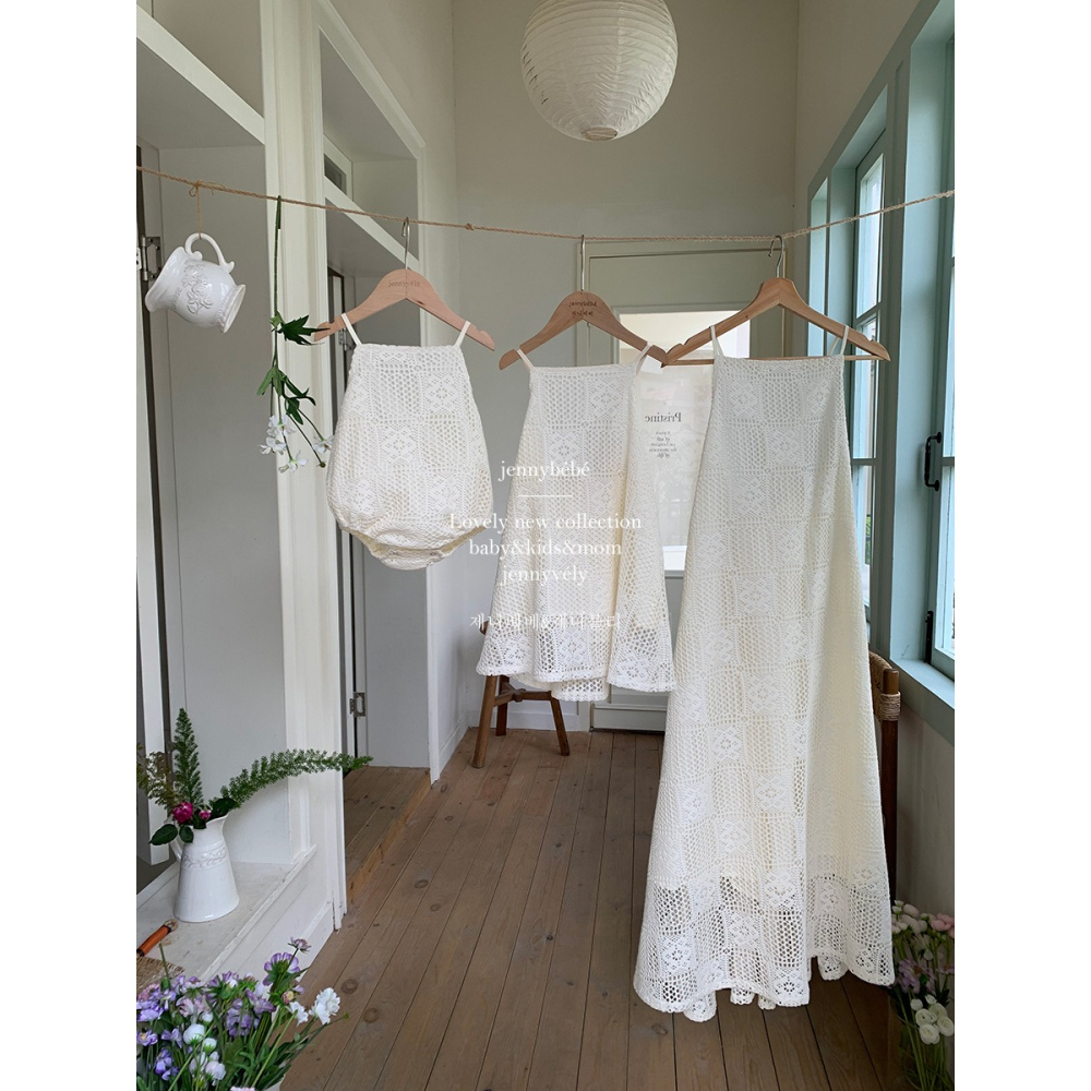 ins風母女親子装女童度假鉤花镂摟空連身裙婴嬰幼兒夏款吊帶爬服-預購-細節圖2