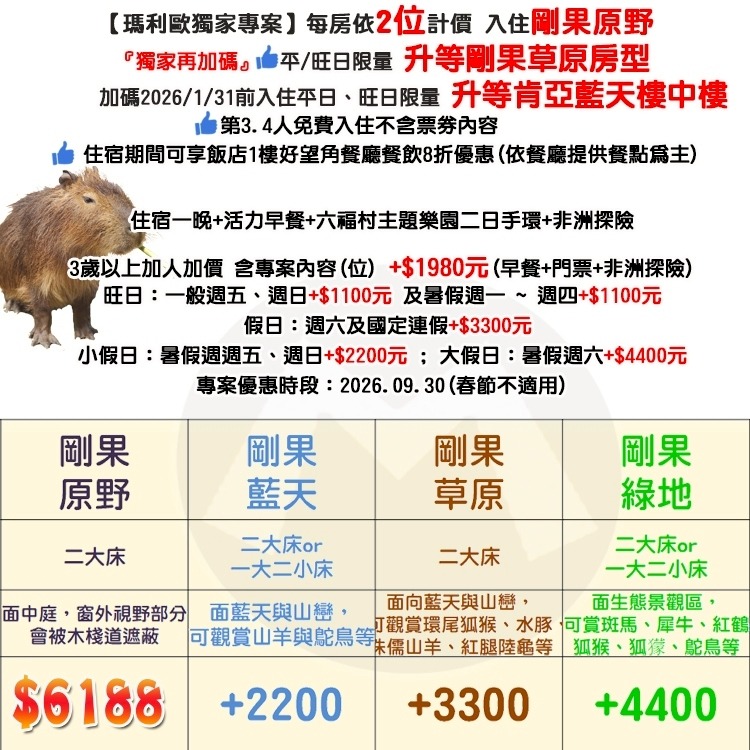 2大2幼兒【瑪利歐1/31前限量升等肯亞樓中樓】 關西六福莊『住宿乙晚+2客早餐＋六福村門票2張+非洲探險門票2張』-細節圖2