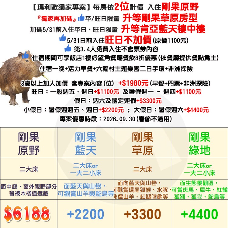 2大2幼兒【瑪利歐5/31前限量升等肯亞樓中樓】 關西六福莊『住宿乙晚+2客早餐＋六福村門票2張+非洲探險門票2張』-細節圖2