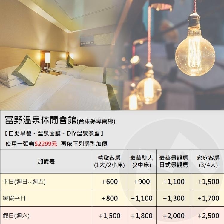 【瑪利歐旅遊網】(平日入住+600元)台東知本富野溫泉休閒會館【精緻客房/雙人房+早餐+面膜+溫泉蛋DIY】-細節圖2
