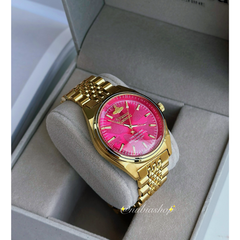 Vivienne Westwood 莓紅色錶盤 金色鋼帶 女款手錶 VV251RRGD-細節圖3