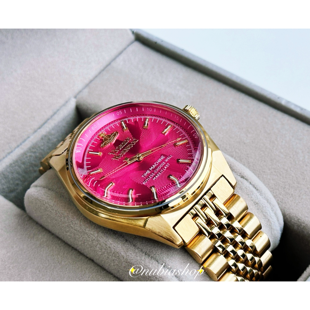 Vivienne Westwood 莓紅色錶盤 金色鋼帶 女款手錶 VV251RRGD-細節圖7