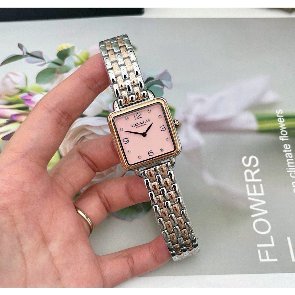蔻馳 Coach 方型粉色錶盤 玫瑰金銀色鋼帶女錶 14504497-細節圖3