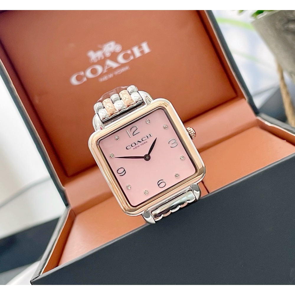 蔻馳 Coach 方型粉色錶盤 玫瑰金銀色鋼帶女錶 14504497-細節圖6
