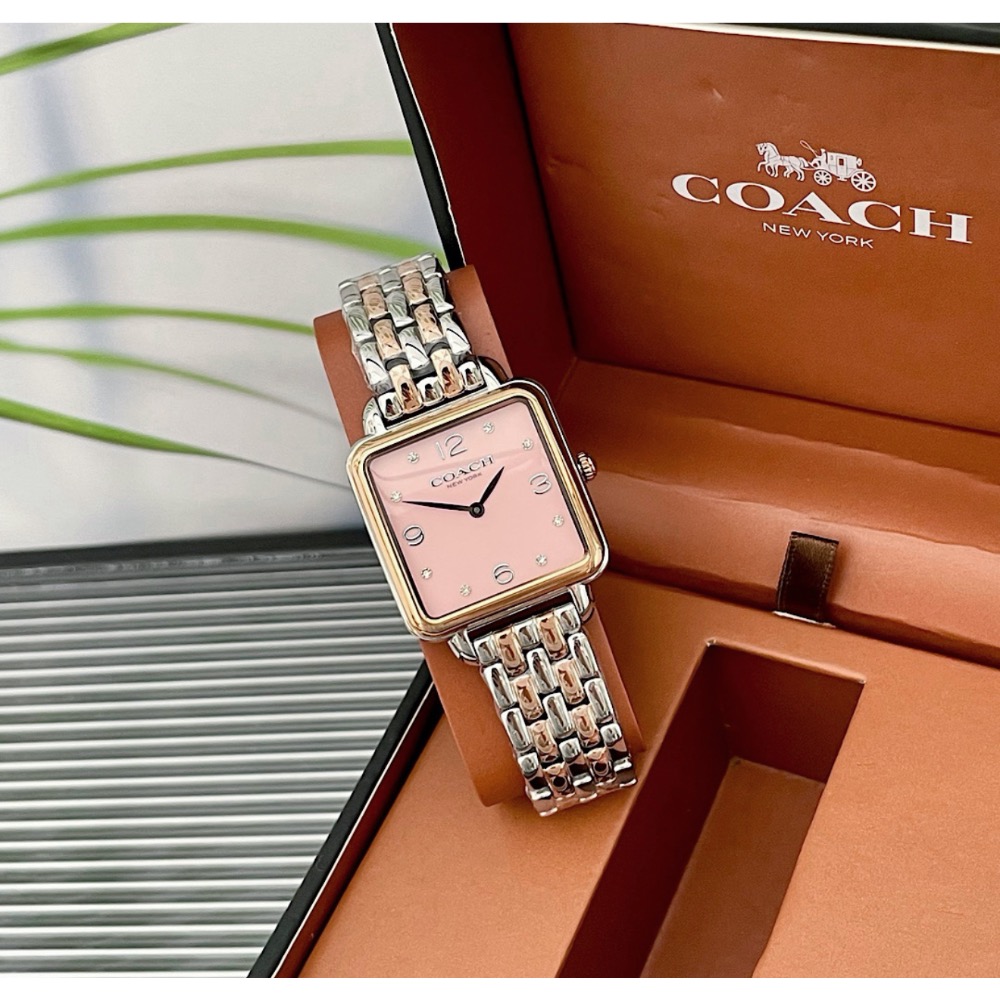 蔻馳 Coach 方型粉色錶盤 玫瑰金銀色鋼帶女錶 14504497-細節圖7
