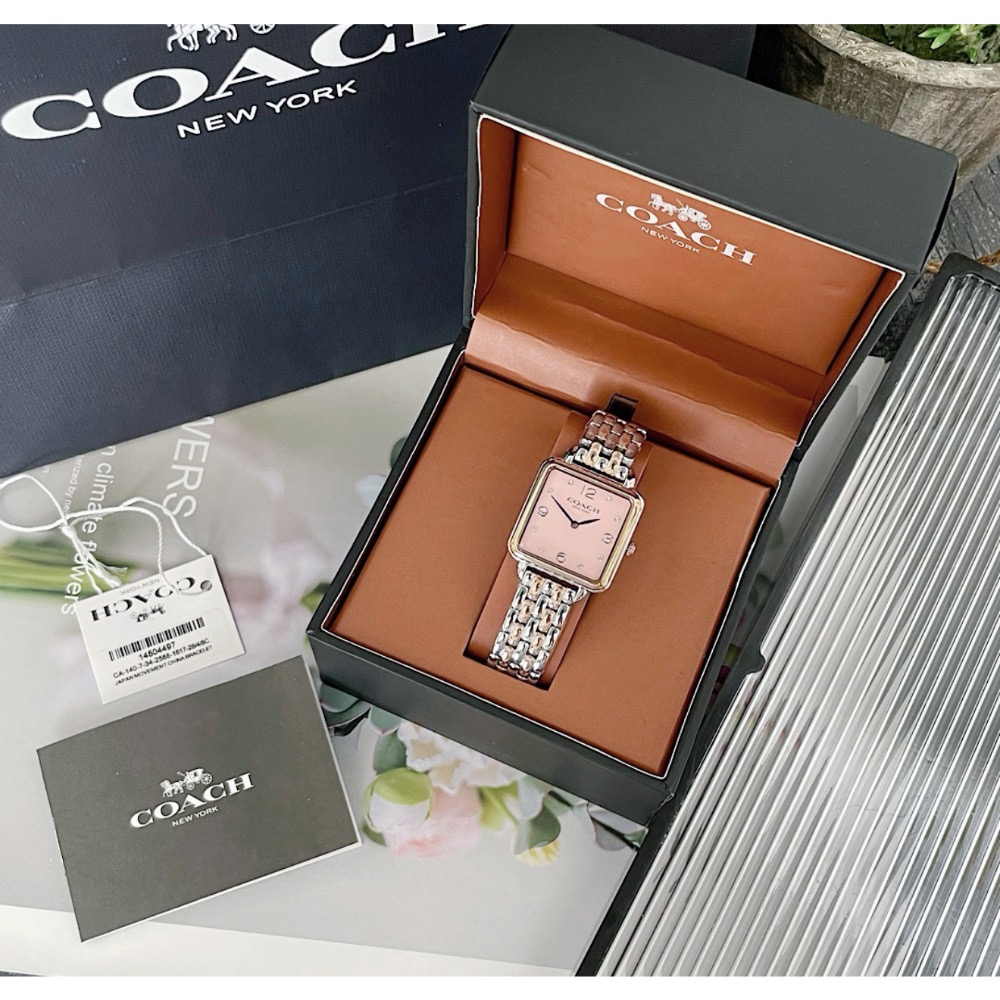 蔻馳 Coach 方型粉色錶盤 玫瑰金銀色鋼帶女錶 14504497-細節圖8
