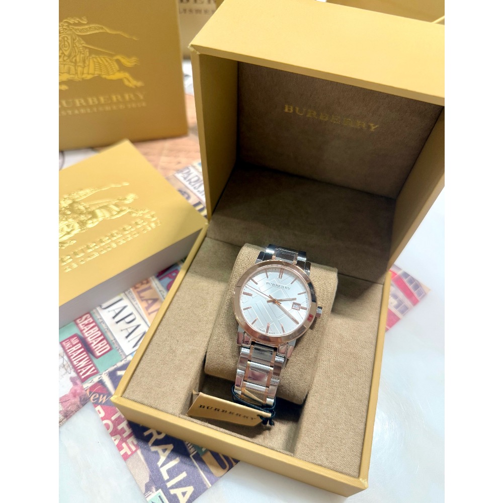Burberry 格紋錶盤 玫瑰金+銀色 雙色鋼帶 戰馬手錶 BU9006-細節圖5