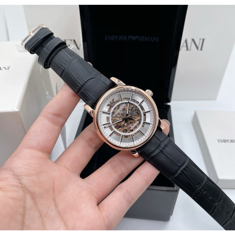 Emporio Armani 鏤空錶盤 黑色皮帶 阿瑪尼 AR60007 自動上鍊機械錶-細節圖5
