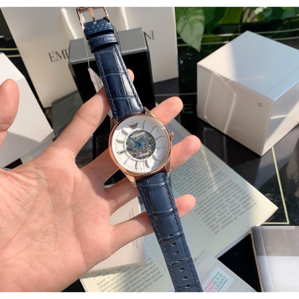 Emporio Armani 鏤空面盤 藍色皮帶 AR1947 阿瑪尼 自動上鍊機械錶-細節圖2
