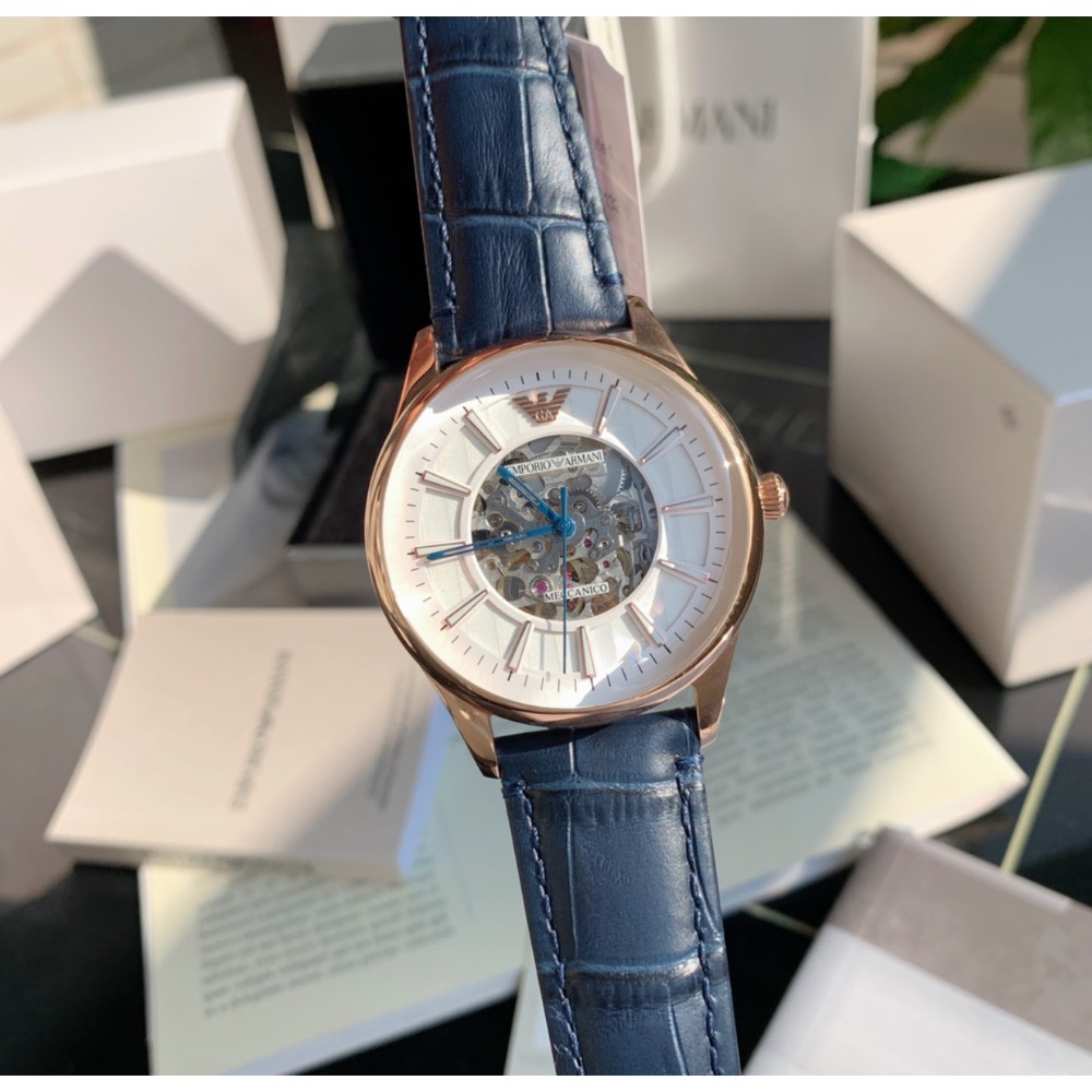 Emporio Armani 鏤空面盤 藍色皮帶 AR1947 阿瑪尼 自動上鍊機械錶-細節圖3