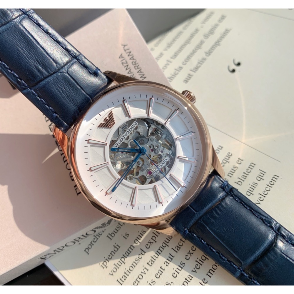 Emporio Armani 鏤空面盤 藍色皮帶 AR1947 阿瑪尼 自動上鍊機械錶-細節圖4