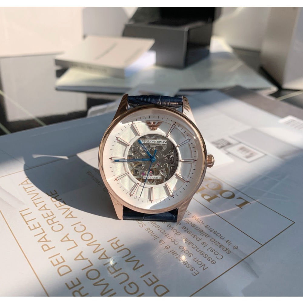 Emporio Armani 鏤空面盤 藍色皮帶 AR1947 阿瑪尼 自動上鍊機械錶-細節圖5