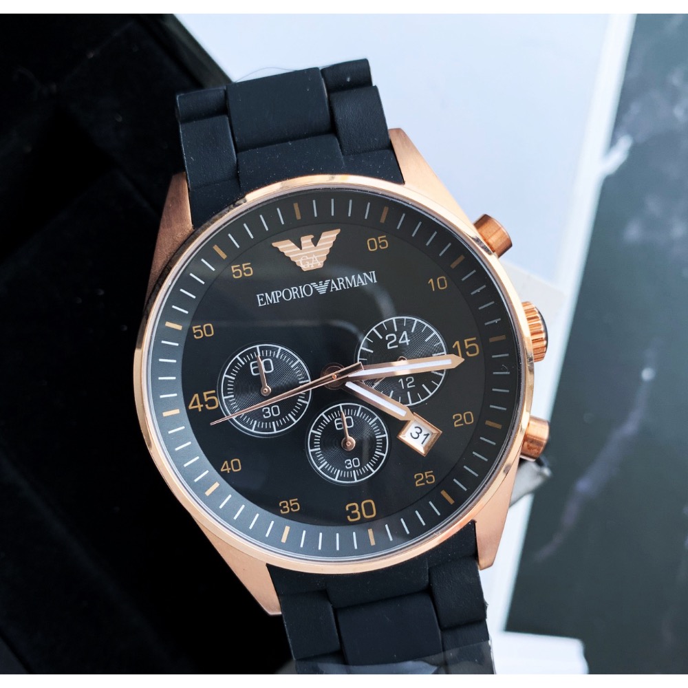 Emporio Armani 黑面盤橡膠包覆鋼帶 AR5905 三眼阿瑪尼男錶-細節圖2
