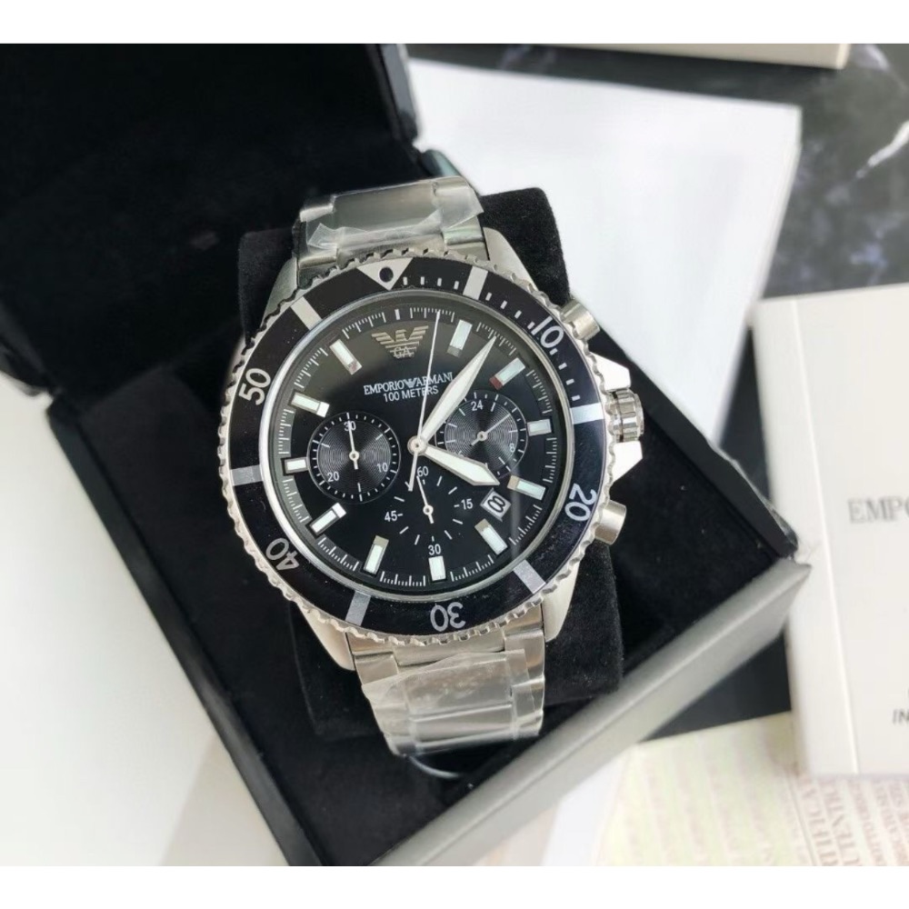 Emporio Armani 黑面銀色鋼帶 三眼男錶 AR11360 阿瑪尼錶-細節圖2