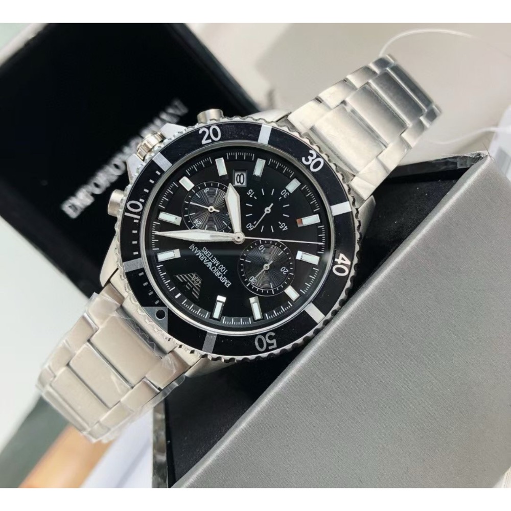 Emporio Armani 黑面銀色鋼帶 三眼男錶 AR11360 阿瑪尼錶-細節圖3