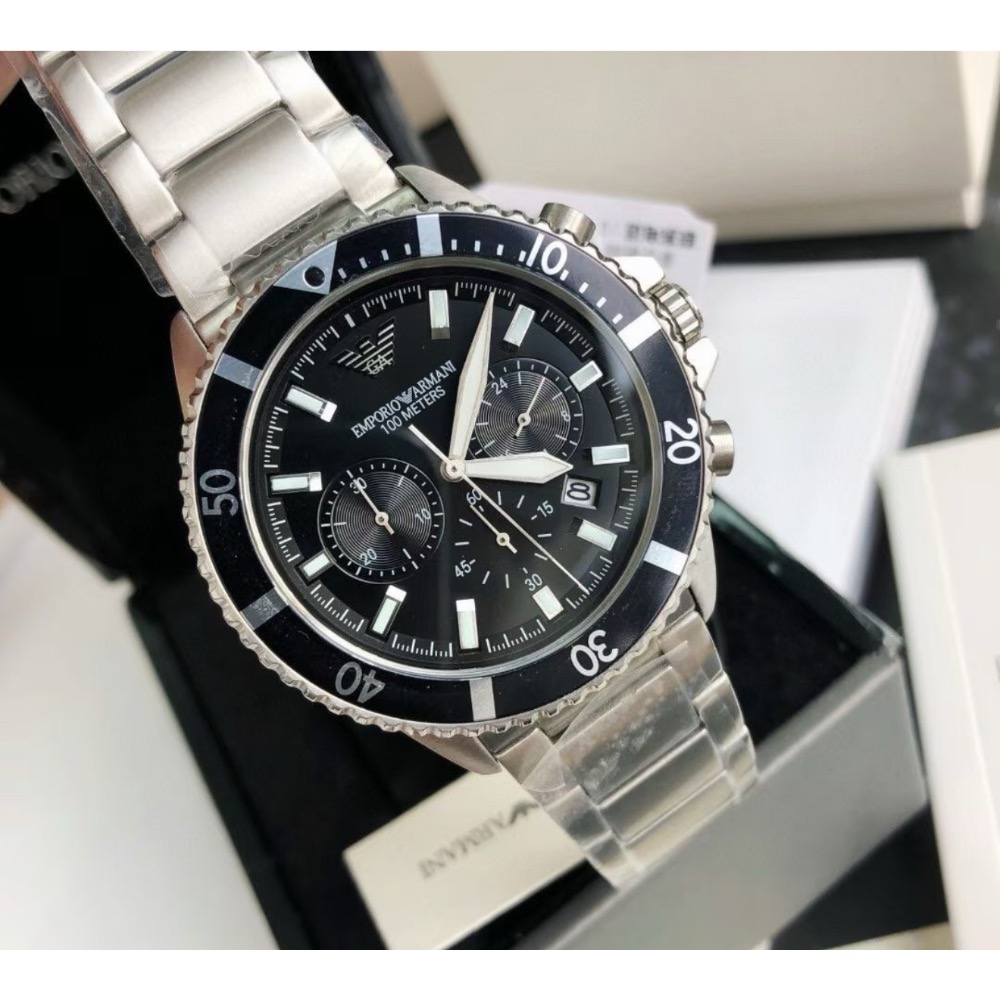 Emporio Armani 黑面銀色鋼帶 三眼男錶 AR11360 阿瑪尼錶-細節圖9