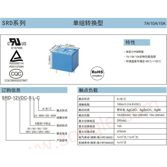 ►1890-1896◄原裝松樂繼電器 5腳 SRD-03 05 06 09 12 24 48VDC-SL-A -SL-C-細節圖2