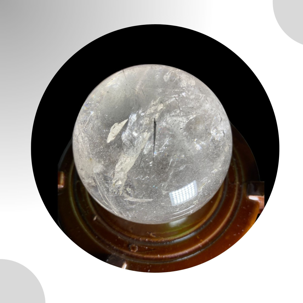 75mm天然白水晶球(內含黑髮晶) 含木座 淨化磁場 居家擺設 實品拍攝-細節圖2