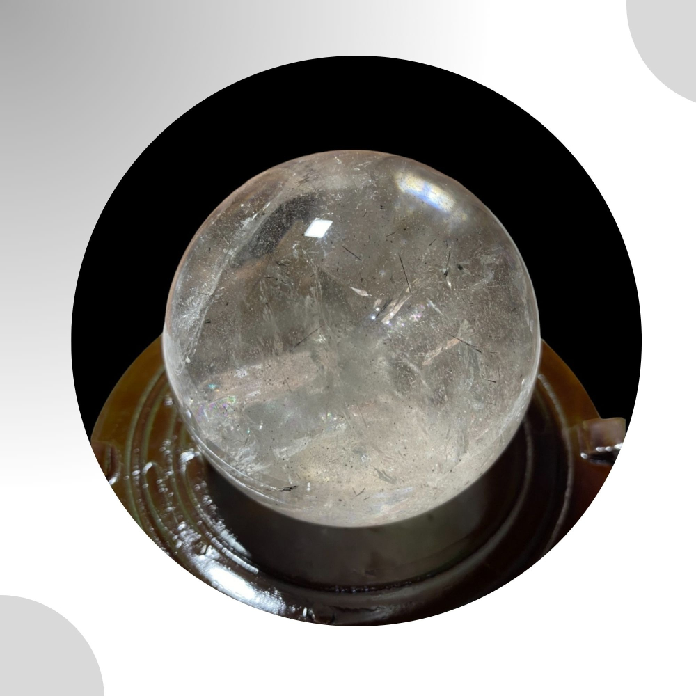 75mm天然白水晶球(內含黑髮晶) 含木座 淨化磁場 居家擺設 實品拍攝-細節圖3