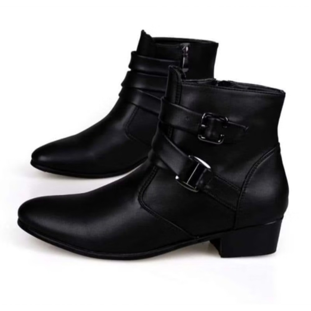 😎新潮男式帥氣尖頭皮面跟鞋短靴😎-細節圖2