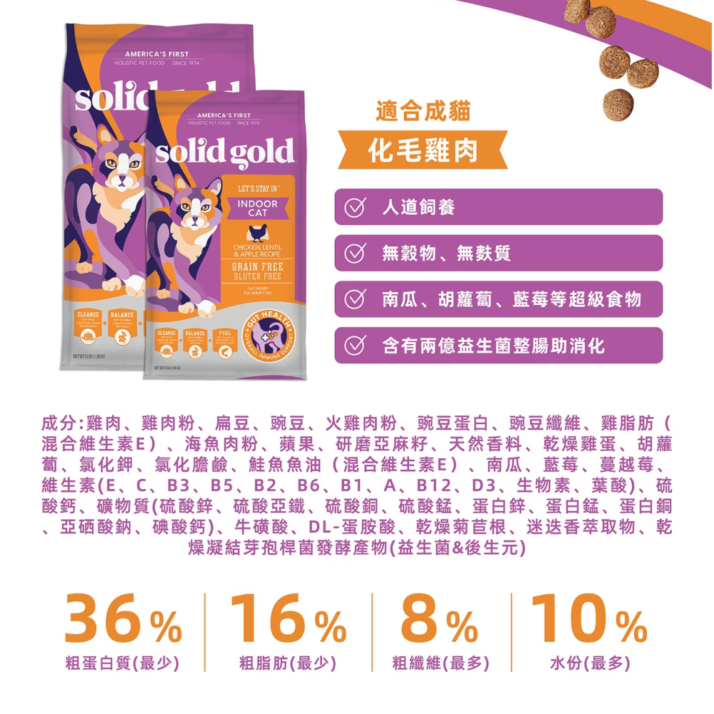 【SOLID GOLD素力高】無穀/全穀貓糧 多款-1.36KG&5.44KG-細節圖9