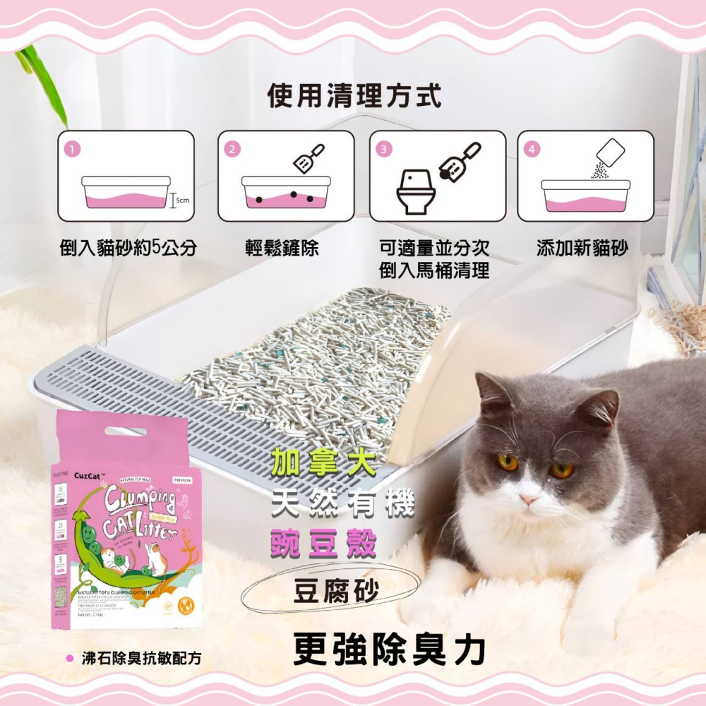 ▶宅配免運◀【CuzCat卡滋貓】天然豆腐貓砂(沸石除臭抗敏)/混合貓砂(三合一急速凝結)-2.4kg-細節圖5