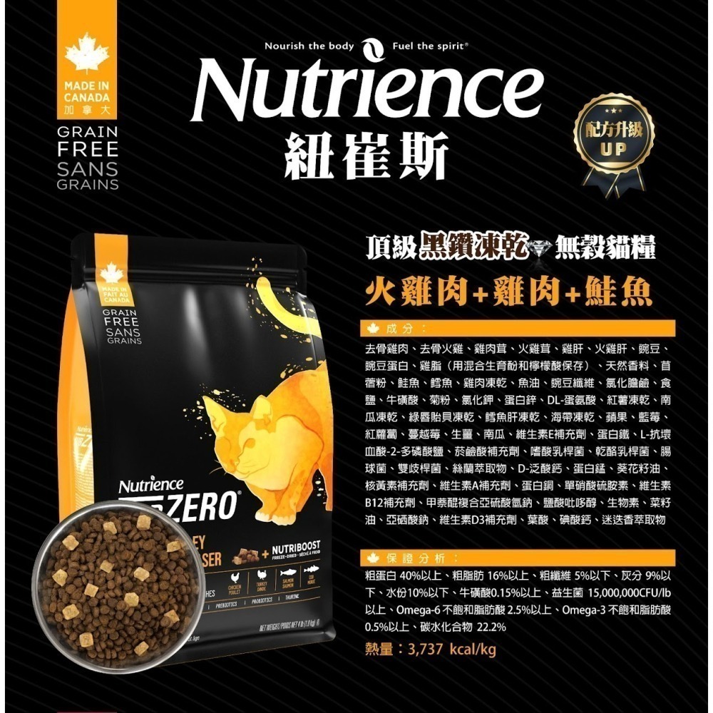 #短效特價#加拿大《紐崔斯Nutrience》頂級黑鑽無榖貓+凍乾糧多款1.8/2.27/4.5/5kg-細節圖3