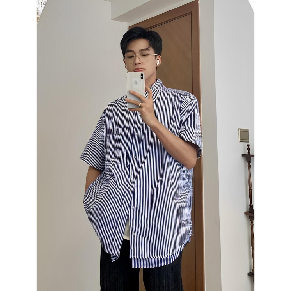 city boy 廓形 男生日系襯衫 古著 假兩件式 日系寬鬆 落肩 復古 簡單穿-細節圖2