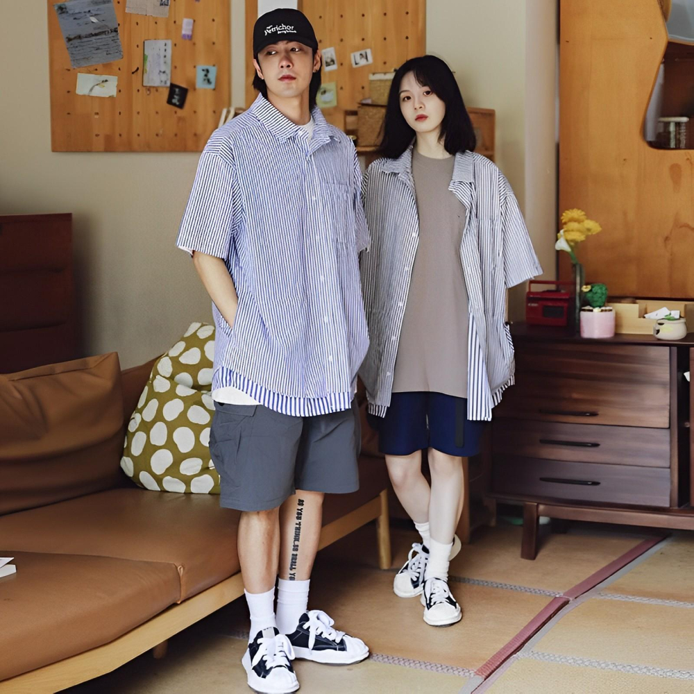 city boy 廓形 男生日系襯衫 古著 假兩件式 日系寬鬆 落肩 復古 簡單穿-細節圖3