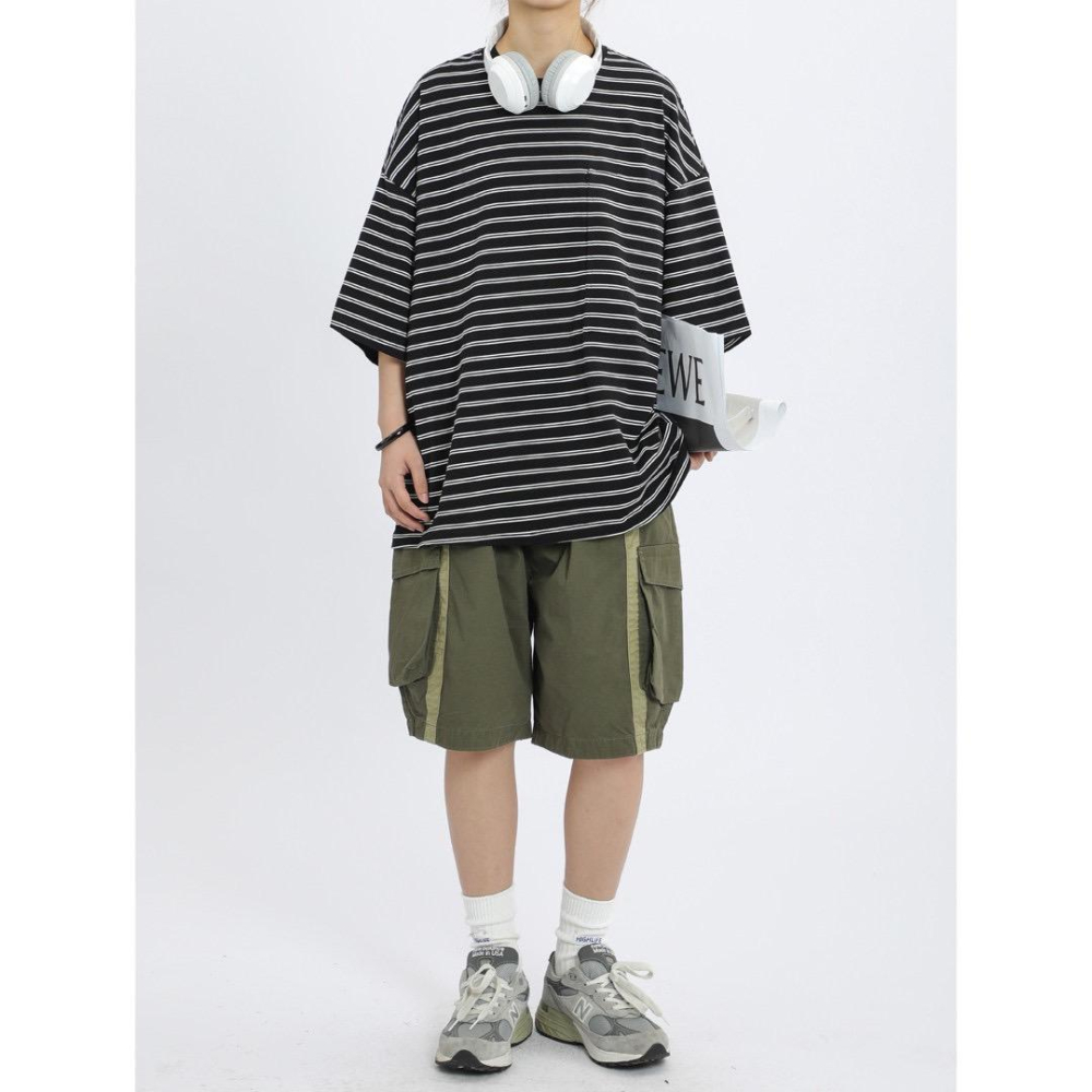 City Boy 抽繩寬褲 大學生 廓形 慵懶 山系工作短褲 五分寬褲 過膝 戶外 撞色 機能修身-細節圖2