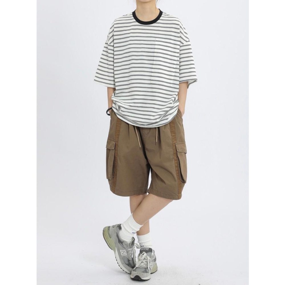 City Boy 抽繩寬褲 大學生 廓形 慵懶 山系工作短褲 五分寬褲 過膝 戶外 撞色 機能修身-細節圖3