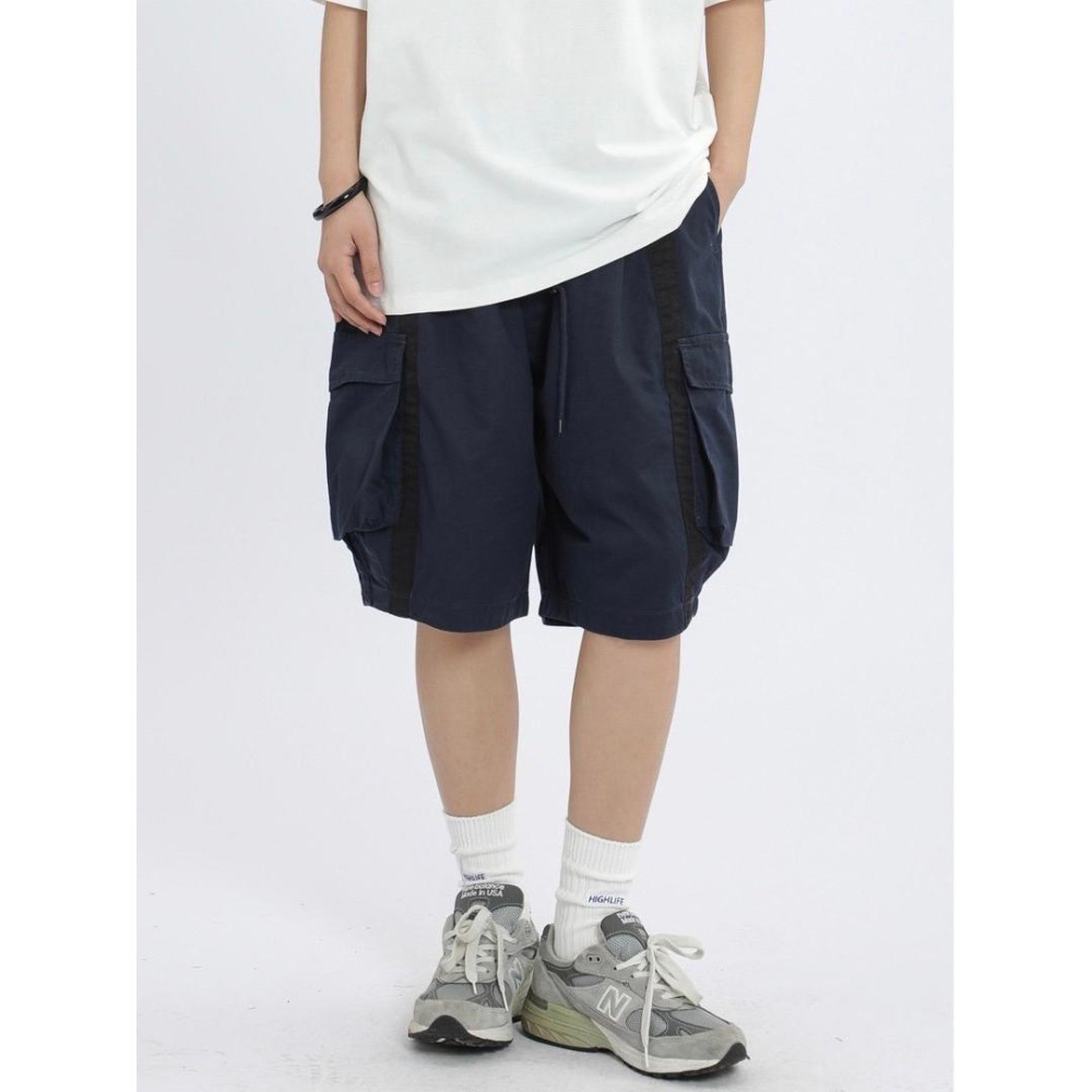 City Boy 抽繩寬褲 大學生 廓形 慵懶 山系工作短褲 五分寬褲 過膝 戶外 撞色 機能修身-細節圖4