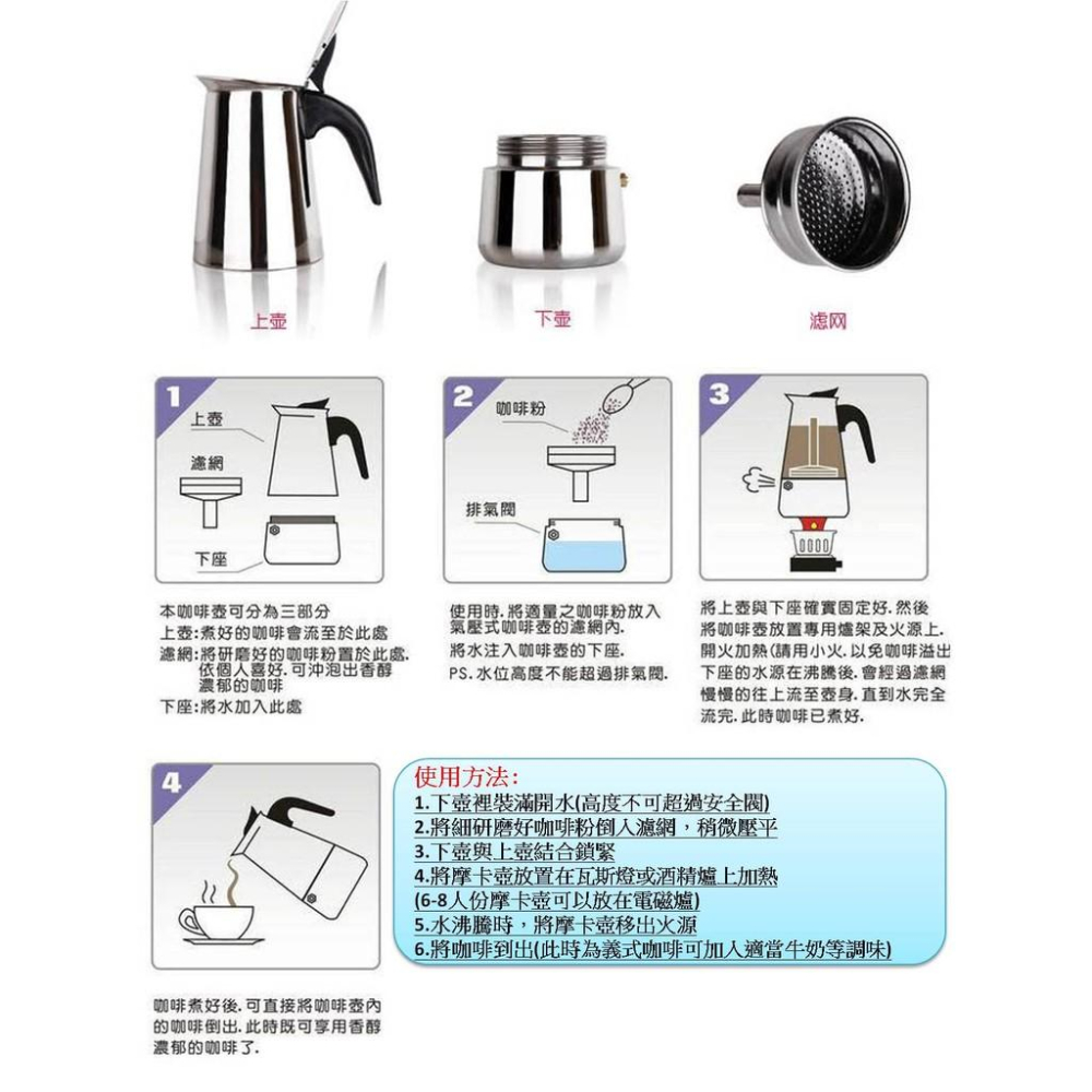 [外銷款] 歐式經典咖啡 摩卡壺 4人份 露營用咖啡壺 露營摩卡壺 304不鏽鋼 咖啡壺 義式咖啡 美式咖啡 咖啡用品-細節圖2