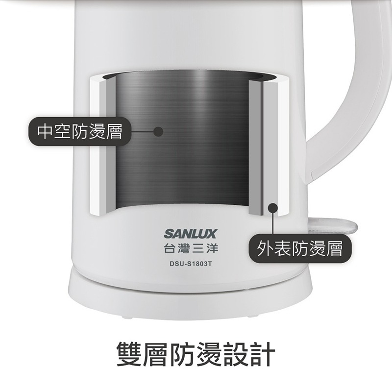 台灣三洋SANLUX 304鋼快煮電水瓶1.8L雙層防燙 防乾燒DSU-S1803T電熱瓶 咖啡壺 熱水壺 煮水壺-細節圖4