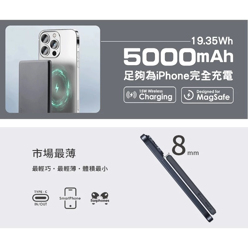 LARMI樂米 MC509 磁吸行動電源 無線充電 5000mAh 行動電源 無線行動充 充放同步 磁吸 超薄 行動充電-細節圖3